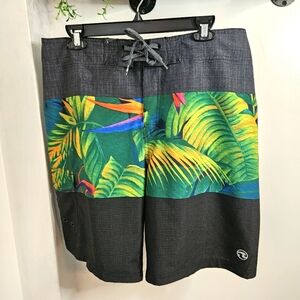 Ocean Current Palm Print Board‎ Shorts Men’s Sz 34 Lace Up front Beach Swim Surf